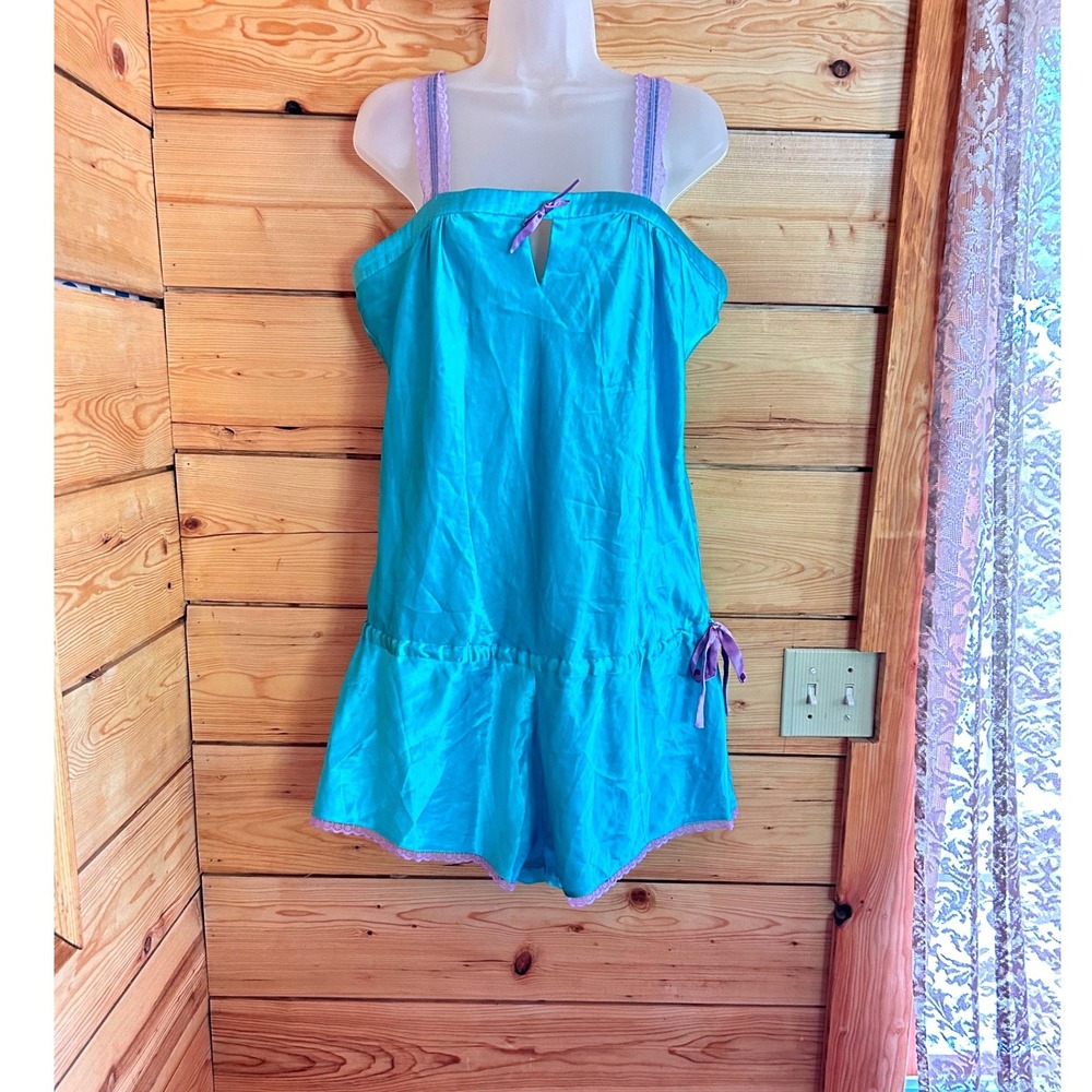 Vintage Satin Romper Womens Large Blue Excellent Lace Trim la Vie en Rose Nighty